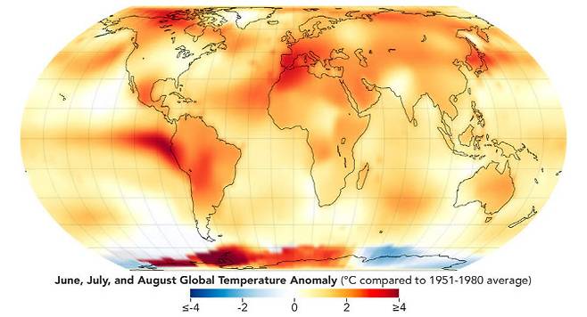 올여름이 관측 기록 역사상 가장 더웠던 것으로 나타났다.(자료=미국항공우주국)