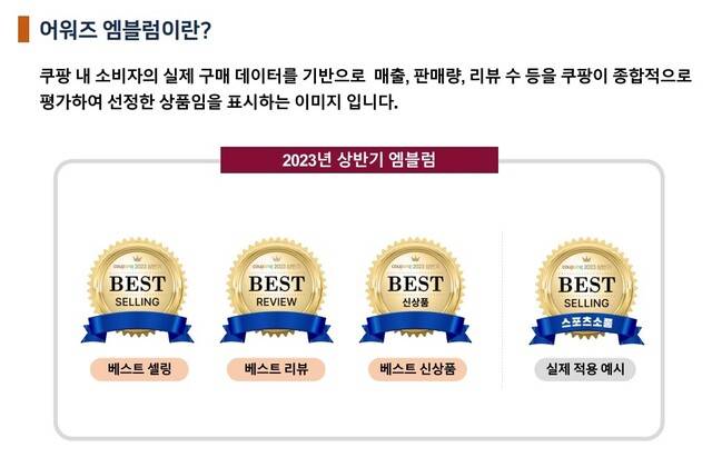 쿠팡은 지난 6월 ‘어워즈 엠블럼’ 제도를 도입한 뒤 7월부터 이를 유료화하고 납품업체들에 돈을 요구하고 나섰다. 제보자 제공