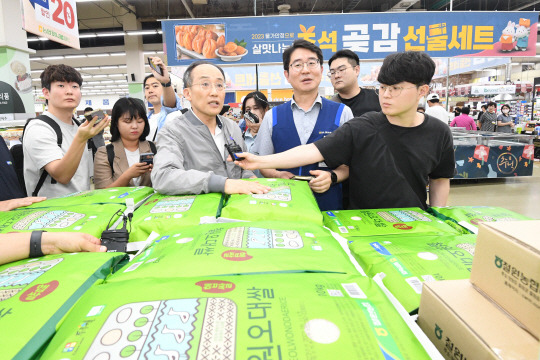 추경호(앞줄 왼쪽에서 세 번째) 부총리 겸 기획재정부 장관이 17일 서울 서초구 하나로마트 양재점을 찾아 추석 물가 점검을 하고 있다. 기재부 제공