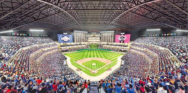 캐나다 토론토를 방문 중인 오세훈 서울시장은 지난 16일 잠실야구장을 2031년까지 3만 석 규모의 첨단 돔구장으로 지을 계획을 공개했다. 이웃한 호텔에서도 경기를 관람할 수 있는 잠실야구장 개념도(위 사진)와 야구장이 보이는 토론토 메리어트시티센터호텔 내부 모습.  서울시 제공