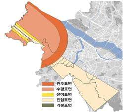 김포공항 주변 고도제한 현황. 공항시설법상 '장애물 제한표면'에 의한 고도제한 지역.  / 서울시 제공