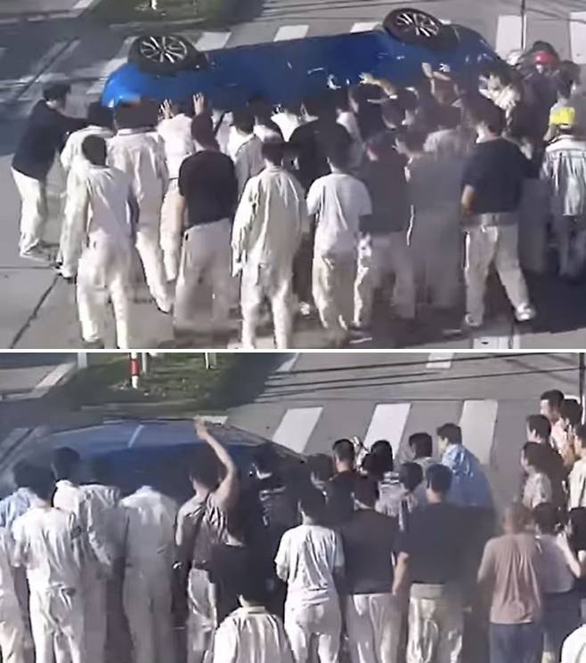 중국에서 도로를 주행하던 승용차가 뒤집히는 사고가 발생해 이를 목격한 시민들이 차를 일으켜 세웠다./사진=China Focus 페이스북