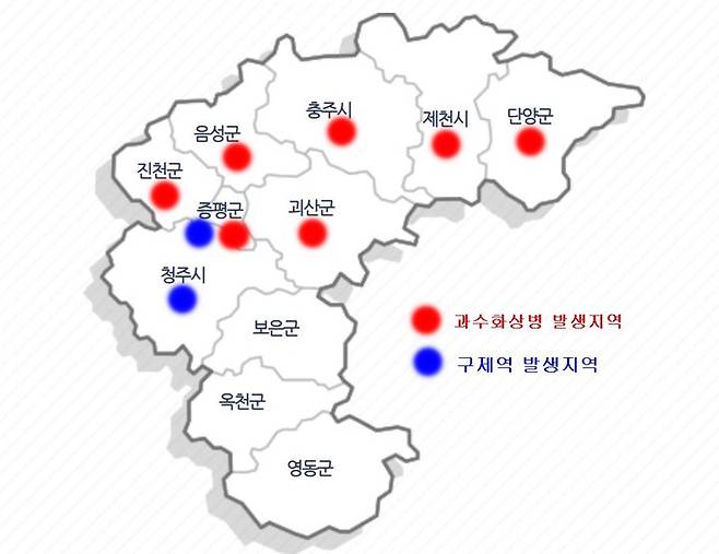 [증평=뉴시스] 충북 과수화상병과 구제역 발생지역. photo@newsis.com  *재판매 및 DB 금지