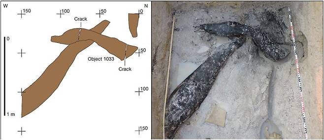 아프리카 잠비아에서 발굴된 목제 유물. 통나무에 홈을 파고 수직으로 교차해 끼운 형태이다./Nature