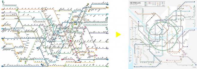 (왼쪽)기존 노선도  (오른쪽)국제표준인 8선형을 적용한 신규 노선도. / 사진=서울시