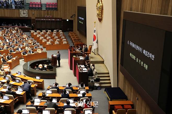 송기헌 더불어민주당 원내수석부대표가 21일 국회 본회의에서 한덕수 국무총리 해임건의안 제안설명을 하고 있다. 박민규 선임기자