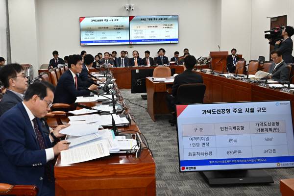 국민의힘 전봉민 의원이 21일 국회에서 열린 2030 부산세계박람회 유치지원 특별위원회 전체회의에서 백원국 국토교통부 제2차관에게 가덕신공항 관련 질의를 하고 있다. 김정록 기자