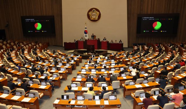 여야 의원들이 21일 국회 본회의에서 한덕수 국무총리 해임건의안 표결 결과를 보고 있다. 연합뉴스