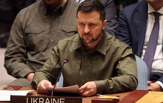 20일(현지시간) 미국 뉴욕에서 열린 유엔 총회에 참석한 볼로디미르 젤렌스키 우크라이나 대통령이 발언하고 있다. 연합뉴스