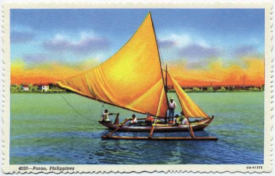 집개 모양의 두 개 돛살로 만든 게집개돛(crab claw sail)은 소형 범선의 평형을 지켜주는 아웃리거(outrigger)와 함께 범선 디자인의 가장 뛰어난 발명품의 하나다. 필리핀 엽서(1940)에 그려진 오스트 로네시아 배에는 두 가지 요소가 갖춰져 있다. [사진 위키피디아]