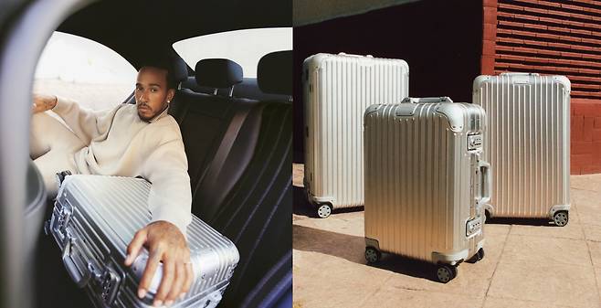 리모와 글로벌 아이콘인 카레이서 루이스 해밀턴과 다양한 크기로 선보이는 오리지널 수트케이스. [사진 리모와]