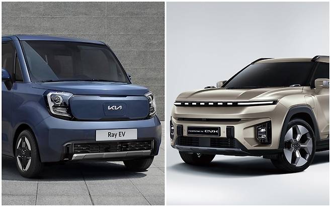 기아 ‘레이 EV’(왼쪽), KG 모빌리티 ‘토레스 EVX’. [기아, KG모빌리티 제공]