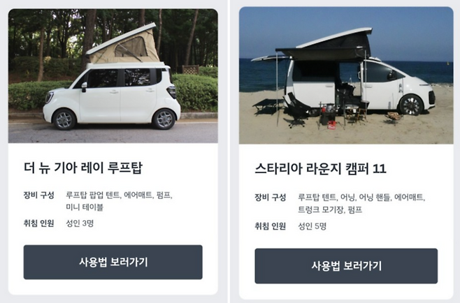 쏘카에서 제공하는 캠핑카 2종 / 사진=쏘카 앱 캡쳐본