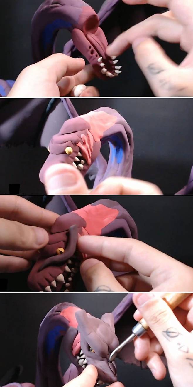 이빨을 하나하나 심고 안구부터 얼굴근육의 표현으로 표정을 만들어간다.