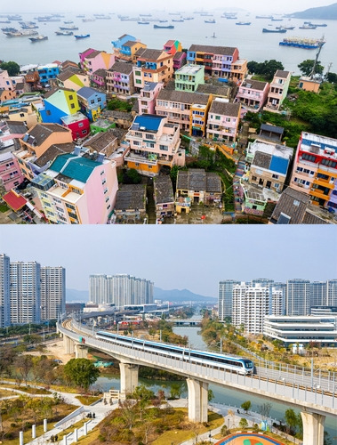 (Top) The rainbow fishing village of Xiaoruo in Taizhou's Wenling (Below) The light-rail train passes across the city.