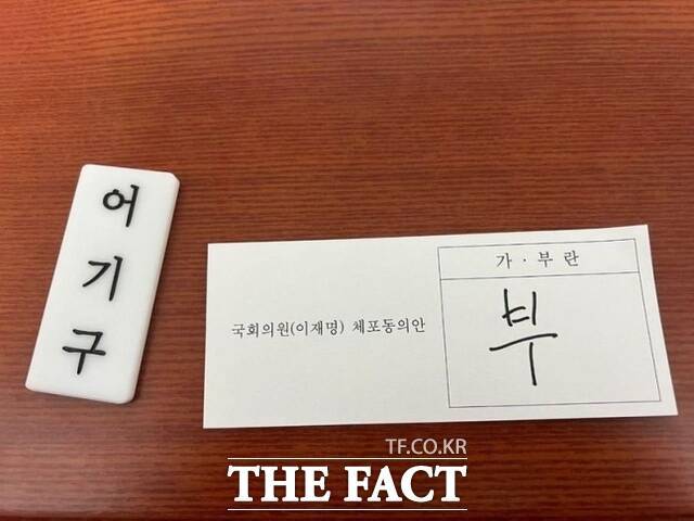 어기구 의원은 체포동의안 표결 당시 '부'를 적은 자신의 투표지를 SNS에 찍어 올렸다. /온라인 커뮤니티 갈무리