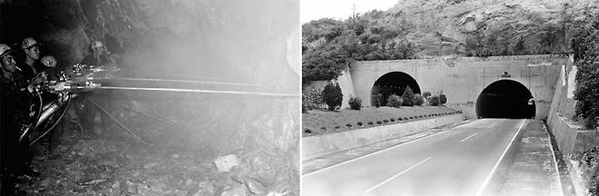 1969년 6월 경부고속도로 대전공구 길치터널(현 대전터널) 공사현장과 완공된 터널의 모습. 현재 이곳은 고속도로에서 지정 해제된 후 공원이 조성되어 있다. [정부기록사진집]