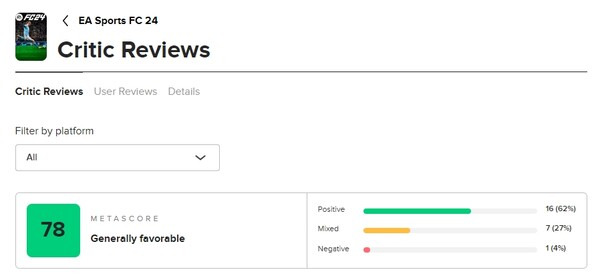 - 2023년 9월 25일 기준 FC24 메타크리틱 
