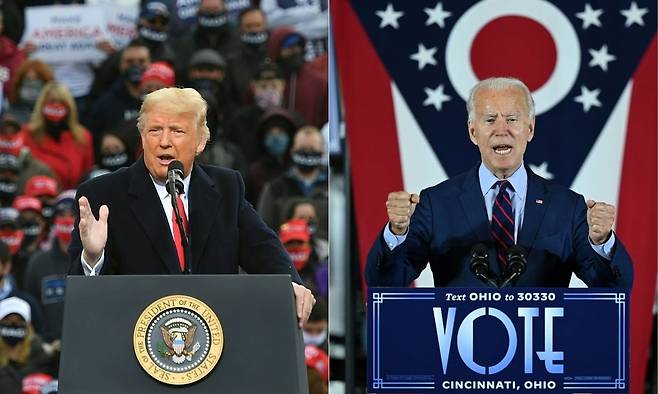 2020년 10월 미국 뉴햄프셔주와 오하이오주에서 각각 유세하는 도널드 트럼프 전 대통령과 조 바이든 대통령. AFP