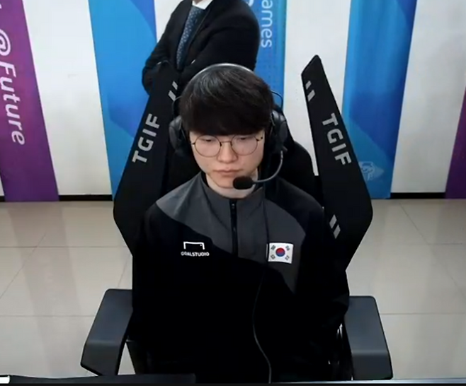 ▲ 카자흐스탄과 경기에 나선 페이커 이상혁 ⓒ스포티비 나우 캡처