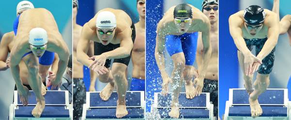 <yonhap photo-0118=""> 아시아 신기록 수립한 남자 계영팀 (항저우=연합뉴스) 홍해인 기자 = 25일 중국 항저우 올림픽 스포츠센터 수영장에서 열린 2022 항저우 아시안게임 수영 남자 800m 계영 결승에 출전한 양재훈(왼쪽부터), 이호준, 김우민, 황선우가 각각 힘차게 입수하고 있다. 남자 계영팀은 결승에서 7분 01초 73으로 아시아 신기록을 수립하며 금메달을 획득했다. 2023.9.26 hihong@yna.co.kr/2023-09-26 00:34:49/ <저작권자 ⓒ 1980-2023 ㈜연합뉴스. 무단 전재 재배포 금지.></yonhap>