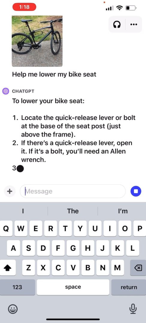 챗GPT에 자전거 사진을 올리고 “안장을 낮추려면 어떻게 해야 하냐”고 질문하면, AI가 사진을 분석하고 답변을 내놓는다. 사진 오픈AI.