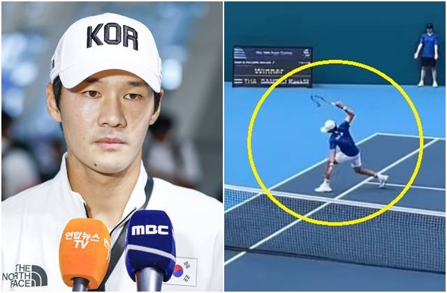 항저우 아시안게임에 출전한 한국 테니스 간판 권순우. 오른쪽 사진은 25일 중국 저장성 항저우 올림픽센터에서 열린 남자 단식 2회전에서 패한 뒤 라켓을 바닥에 내리치는 모습. 뉴시스, 웨이보 캡처