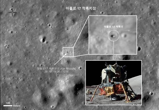 미국항공우주국(NASA)은 1972년 12월 '아폴로 17호' 우주선을 달에 보내 인류의 마지막 달 탐사 임무를 수행했다. 최근 한국 연구진은 우리나라 최초 달 궤도선 다누리를 통해 아폴로 17호 착륙지를 촬영하는 데 성공했다. / 사진=한국항공우주연구원