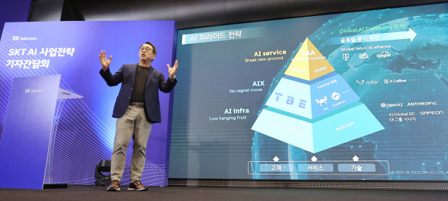 유영상 SK텔레콤 대표가 26일 서울 중구 T타워에서 열린 기자 간담회에 참석해 AI 사업 전략을 설명하고 있다. 사진 제공=SK텔레콤