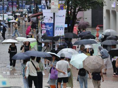 13일 중부지방에 가을 비가 내린 가운데 서울 명동에서 관광객과 시민들이 우산을 들고 길을 가고 있다. 사진=허영한 기자 younghan@