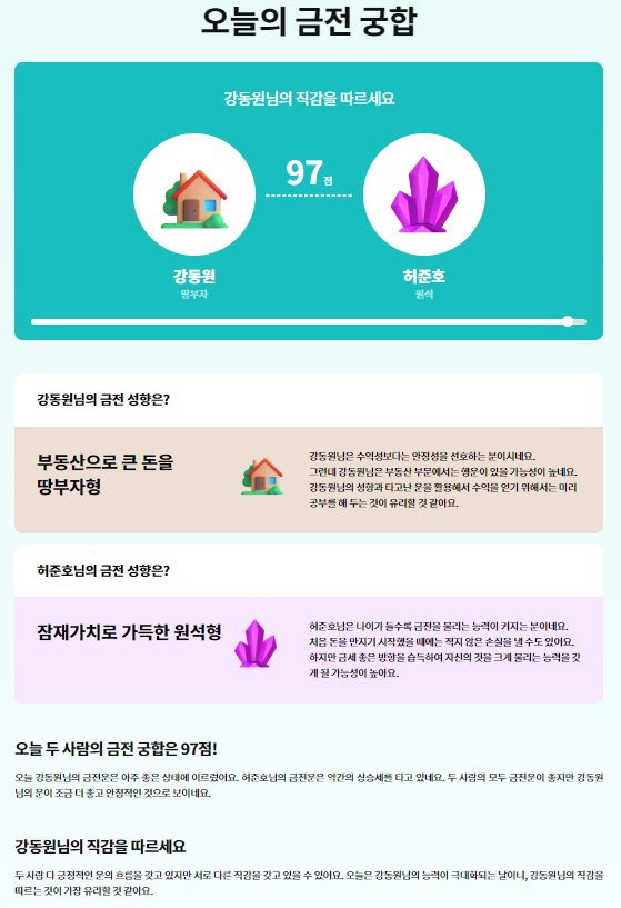 금전 궁합을 확인할 수 있는 운세 결과 페이지. 사진 중앙일보 캡처