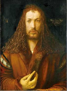 알브레히트 뒤러의 자화상. 그림 왼쪽 모노그램이 그의 서명이다.