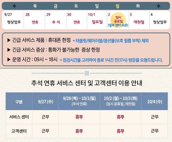 연휴 기간 삼성전자서비스(위), LG전자(아래) 서비스 센터 및 고객센터 운영 시간. (각 사 제공)