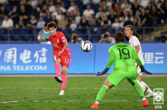 한국의 문미라가 28일 아시안게임 여자축구 홍콩과의 경기에서 슈팅을 날리고 있다. 대한축구협회 제공