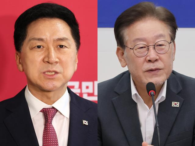 김기현(왼쪽 사진) 국민의힘 대표가 지난 6일 국회에서 취재진 질문에 답하고 있다. 오른쪽은 이재명 더불어민주당 대표가 10일 국회에서 열린 민주당-교원단체 간담회에서 발언하는 모습. 연합뉴스