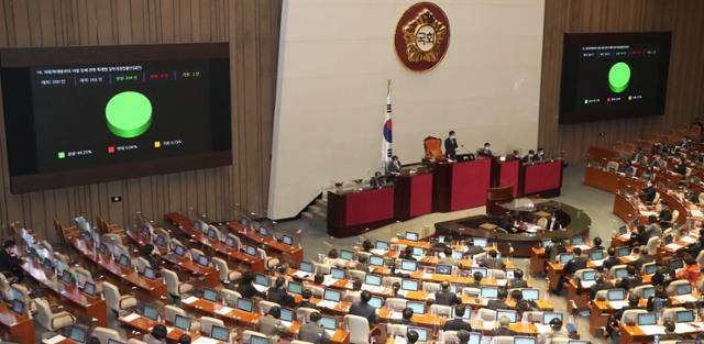 양부모 학대로 생후 16개월 만에 사망한 정인이 사건의 재발을 막기 위한 아동학대범죄의 처벌 등에 관한 특례법 일부개정법률안(정인이법)이 2021년 1월 8일 국회 본회의에서 통과되고 있다. 오대근 기자