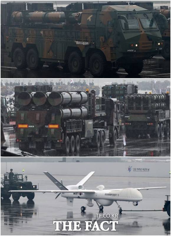 건군 75주년 국군의 날 기념식에서 처음으로 일반인에게 공개된 지대지미사일 '현무'와 장거리지대공유도무기 'L-SAM', 군단정찰용무인항공기(위쪽부터). / 뉴시스