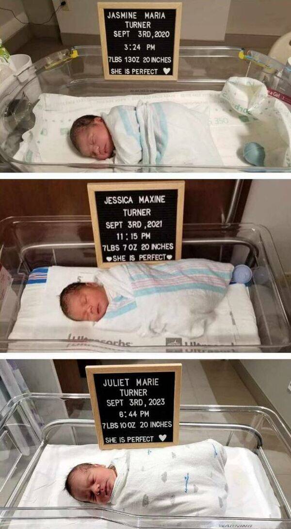 (위에서부터) 첫째 재스민, 둘째 제시카, 셋째 줄리엣이 태어난 다음 날의 모습.