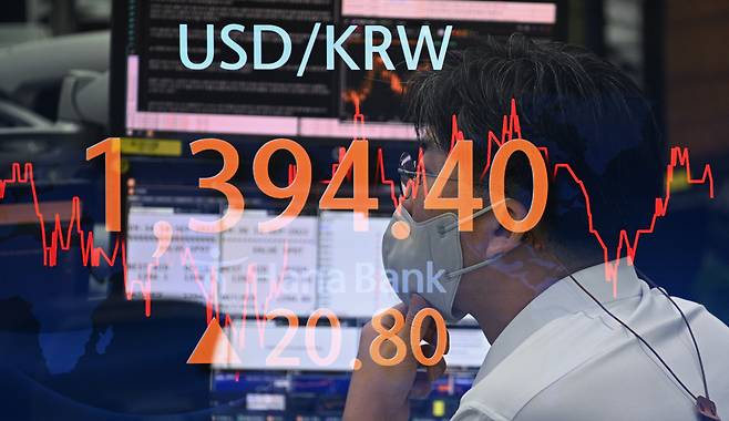 서울 중구 명동 하나은행 딜링룸 전광판에 원/달러 환율이 20원 오른 1394원 선을 나타내고 있다(사진은 다중노출 촬영). 임세준 기자