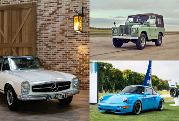 영국 EV컨버전 전문 업체 에버라티가 개조한 전기차들 - 왼쪽부터 시계방향으로 메르세데스벤츠 280 SL 파고다, 랜드로버 1세대 디펜더, 포르쉐 911