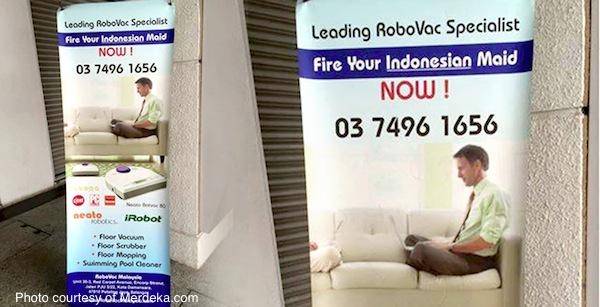 청소기를 인도네시아인 가사노동자에 빗대 물의를 빚은 말레이시아 업체의 광고. 트위터 갈무리