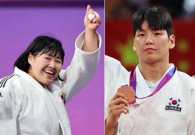 제19회 항저우아시안게임 유도 여자 +78㎏급서 금메달을 획득한 김하윤(왼쪽)과 78㎏급서 동메달을 따낸 윤현지(이상 안산시청). 연합뉴스