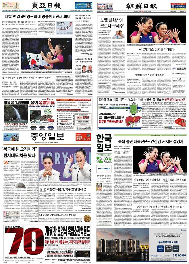 ▲2023년 10월 3일자 동아일보, 조선일보, 중앙일보, 한국일보 1면(왼쪽 상단부터 시계방향).