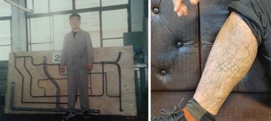 2000년 4월 대덕소년원에 있을 당시 이씨의 모습. 그는 1990년도 후반 부산소년원에 있을 때 먹물과 바늘을 이용해 문신을 했다. 현재는 조폭 세계에서 나와 레이저로 문신을 지우고 있다. / 사진:제보자