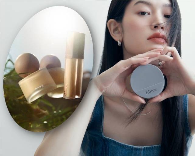 힌스 파운데이션(왼쪽), 모델이 힌스 쿠션제품을 들고 있다./그래픽=비즈워치