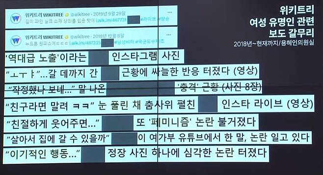 김행 여성가족부 후보자가 경영에 참여했던 언론사가 생산한 성희롱성 기사들./국회방송