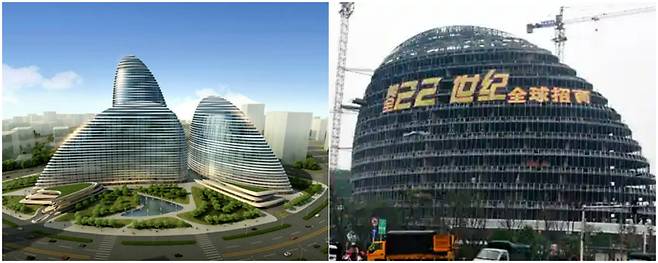 중국 베이징의 자하 하디드가 설계한 The Wangjing Soho complex(왼쪽), 자하 하디드 설계를 모방한 중국 충칭 소재 Meiquan 22nd Century 빌딩(오른쪽).