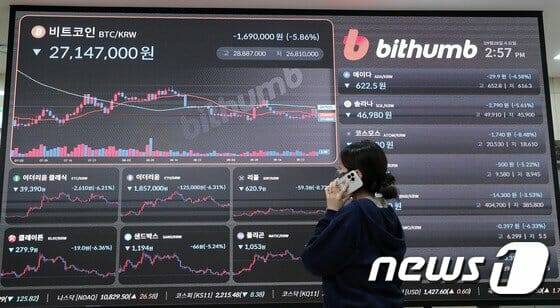 28일 서울 서초구 빗썸 고객센터에 설치된 전광판으로 비트코인 등 주요 가상자산(암호화폐)의 가격이 표시되고 있다. 2022.9.28/뉴스1 © News1 박세연 기자