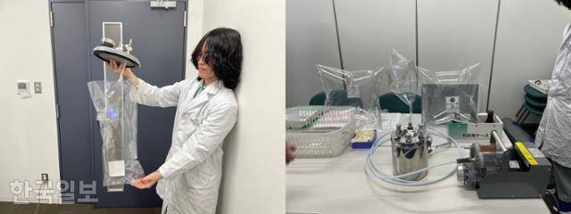 일본 아이치현 오카자키시에 위치한 악취측정인정사업소 ERS 관계자가 8월 28일 현장에서 냄새를 포집하는 장치를 보여주고 있다(왼쪽 사진). 오른쪽 사진은 악취 판정시험에 사용하는 특수 봉지에 무취 공기를 채우는 모습. 오카자키=오지혜 기자