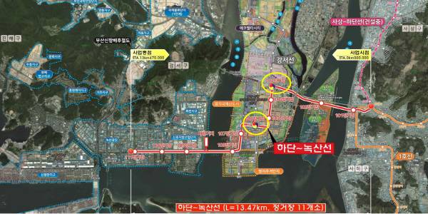 BuTX 명지역으로 거론되는 도시철도 하단~녹산선 103, 106 정거장 위치도. 국제신문 DB